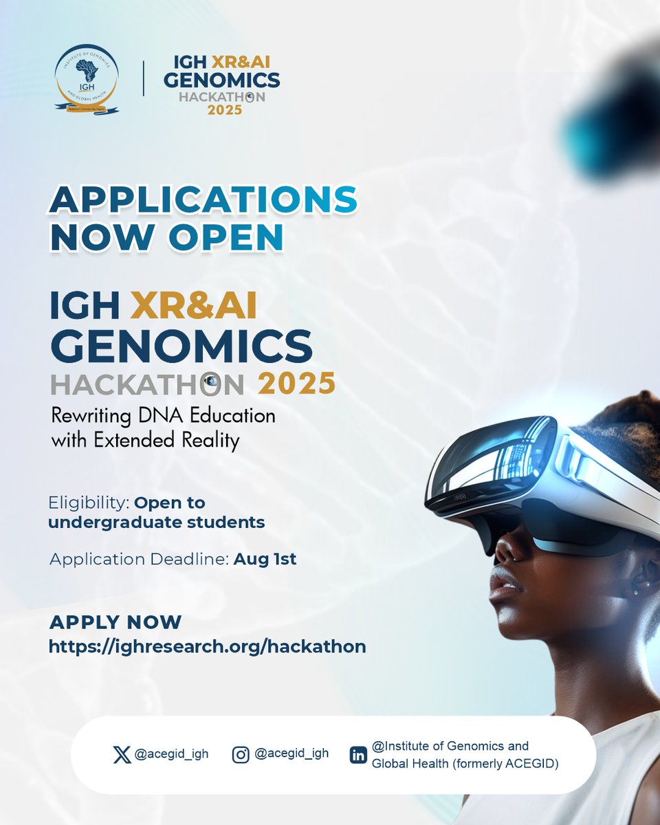 Applications open for IGH XR &amp; AI Genomics Hackathon 2025! 

Come and build immersive lab simulations with XR &amp; AI. 

Apply before Aug 1: ighresearch.org/hackathon/

#XR #AI #Genomics #Hackathon2025