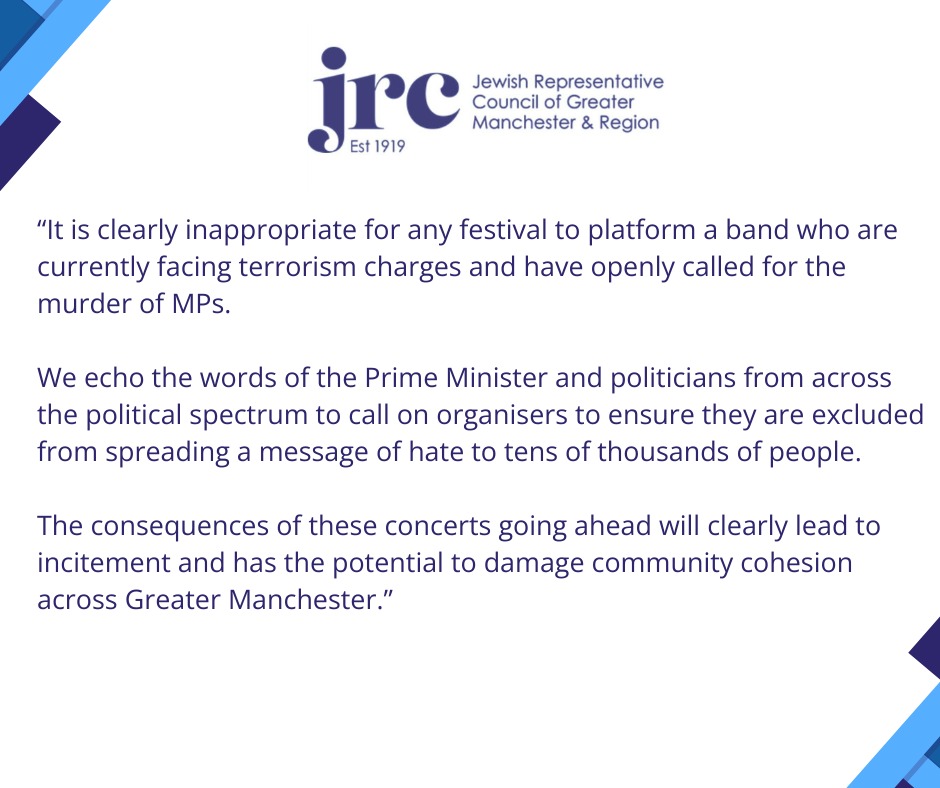 Jewish Representative Council of GM & Region (@jewishmcr) on Twitter photo We have today been in contact with all the key stakeholders to demand that Kneecap are not allowed to perform at Manchester Council owned Wythenshawe Park next month.
<a href="/ManCityCouncil/">Manchester City Council</a> <a href="/greatermcr/">Greater Manchester Combined Authority</a> <a href="/gmpolice/">Greater Manchester Police</a> <a href="/JewishChron/">The Jewish Chronicle</a> <a href="/MENnewsdesk/">Manchester News MEN</a> <a href="/JewishNewsUK/">Jewish News</a> <a href="/JewishTelegraph/">Jewish Telegraph | e-edition.jewishtelegraph.com</a> We have today been in contact with all the key stakeholders to demand that Kneecap are not allowed to perform at Manchester Council owned Wythenshawe Park next month.
<a href="/ManCityCouncil/">Manchester City Council</a> <a href="/greatermcr/">Greater Manchester Combined Authority</a> <a href="/gmpolice/">Greater Manchester Police</a> <a href="/JewishChron/">The Jewish Chronicle</a> <a href="/MENnewsdesk/">Manchester News MEN</a> <a href="/JewishNewsUK/">Jewish News</a> <a href="/JewishTelegraph/">Jewish Telegraph | e-edition.jewishtelegraph.com</a>