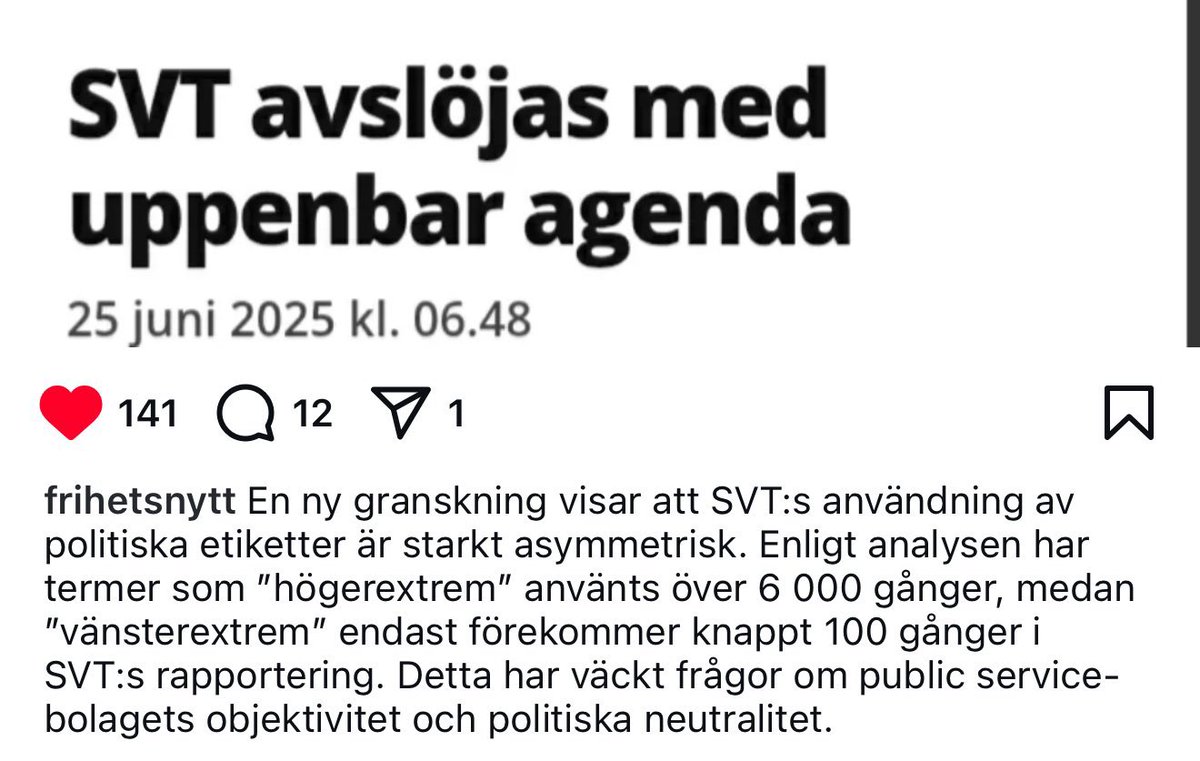 Hos ”opartiska” <a href="/svt/">SVT</a> har man använt ordet ”högerextrem” över 6.000 gånger i den senaste tidens politiska reportage..

..ordet ”vänsterextrem” har man bara använt i knappt 100 fall. 

För 9 miljarder får Du dessa vinklade nyhetsrapporteringar serverade rakt ner i TV-soffan..📺😎