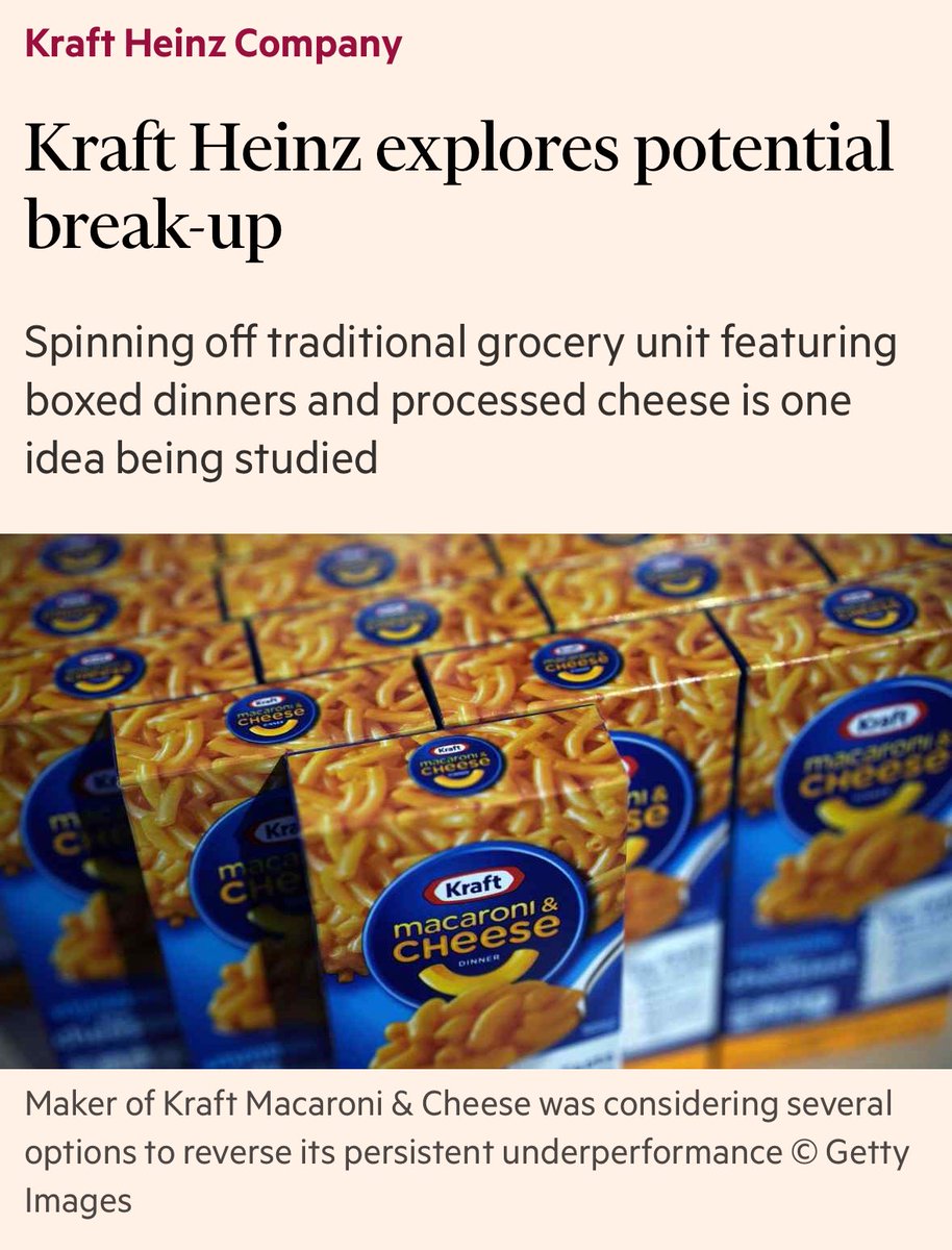 Nachdem #Kellogg sich vor zwei Jahren in appetitliche Happen filetiert hat, die nun von Mars (Kellanova) bzw. Ferrero (WK Kellogg) geschluckt werden, will auch #KraftHeinz sich vielleicht spalten – in eine „Packaged Foods“-Company und einen Ketchup-, Saucen- und