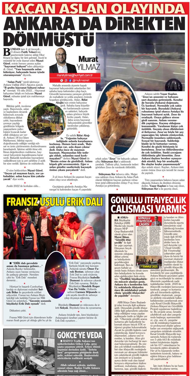Murat YILMAZ 🇹🇷 (@myilmaznet) on Twitter photo 📌#Antalya'da kaçan aslan ve #Ankara'daki olay.
📌Fransa Büyükelçisi Isabelle Dumont'un Erik Dalı oyunu.
📌Ankara İtfaiyesi'nden "Gönüllü itfaiyecilik" açıklaması.
📌Radyo Trafik Ankara spikeri Gökçe Calp'a veda.
Bugünkü köşe yazım ⤵
hurriyet.com.tr/yazarlar/murat… <a href="/Hurriyet/">Hürriyet.com.tr</a> <a href="/handefrt/">Hande Fırat</a> 📌#Antalya'da kaçan aslan ve #Ankara'daki olay.
📌Fransa Büyükelçisi Isabelle Dumont'un Erik Dalı oyunu.
📌Ankara İtfaiyesi'nden "Gönüllü itfaiyecilik" açıklaması.
📌Radyo Trafik Ankara spikeri Gökçe Calp'a veda.
Bugünkü köşe yazım ⤵
hurriyet.com.tr/yazarlar/murat… <a href="/Hurriyet/">Hürriyet.com.tr</a> <a href="/handefrt/">Hande Fırat</a>