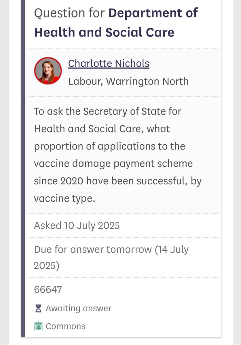 VIBUK_Official's tweet image. Most weeks recently, MPs have raised the issue of the Vaccine Damage Payment Scheme. Asking for data and when will it be reviewed?
We have no doubt more are raising questions behind the scenes.
@wesstreeting @DHSCgovuk — the time for delay is over.
Failing to properly…