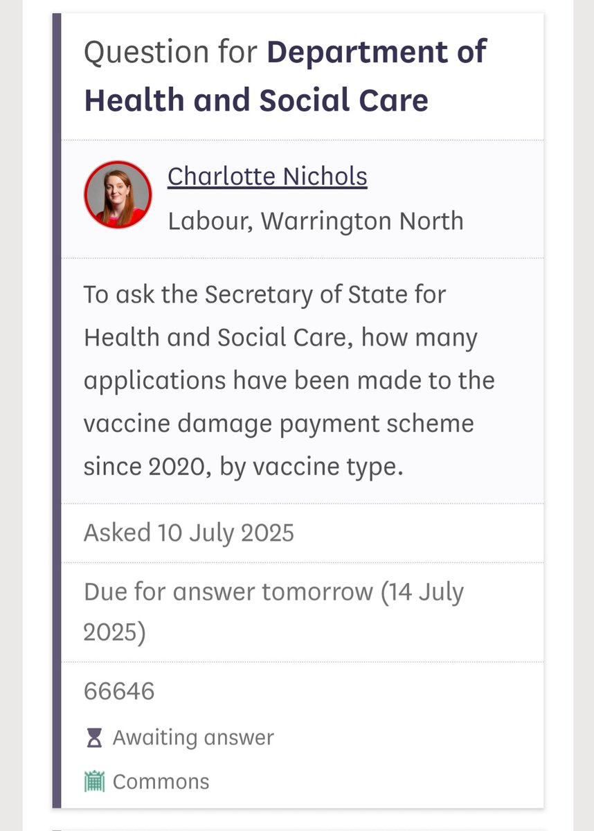 VIBUK_Official's tweet image. Most weeks recently, MPs have raised the issue of the Vaccine Damage Payment Scheme. Asking for data and when will it be reviewed?
We have no doubt more are raising questions behind the scenes.
@wesstreeting @DHSCgovuk — the time for delay is over.
Failing to properly…