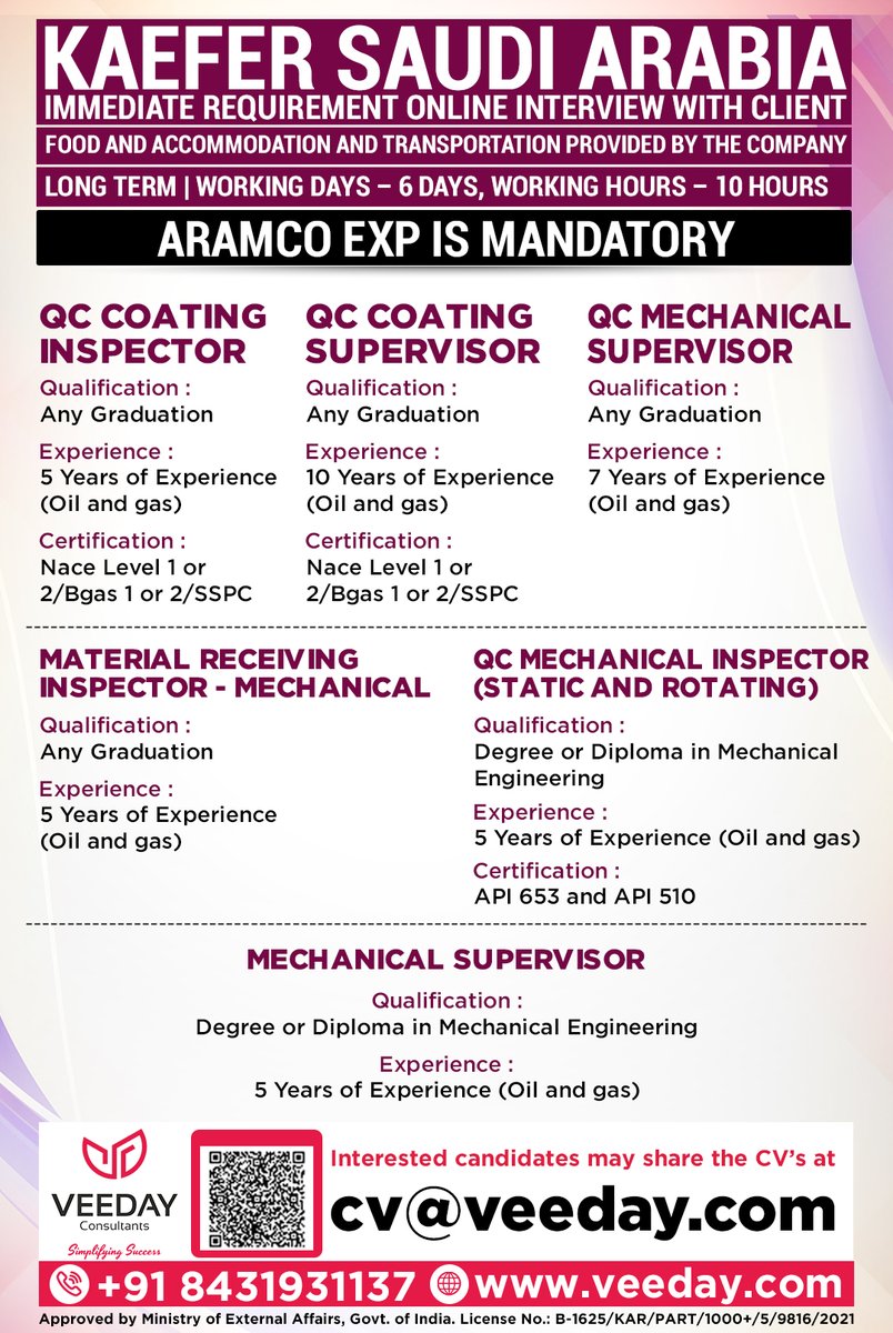 Kaefer Saudi Arabia
Immediate Requirement Online Interview With Client

Interested candidates may share the CV’s at
cv@veeday.com
+91 8431931137 

#KaeferSaudi #TrichyJobs 
#OilAndGasJobs #SaudiJobs #QCInspector 
#MechanicalSupervisor #NACEJobs #APIJobs 
#AramcoApproved #EPCJobs