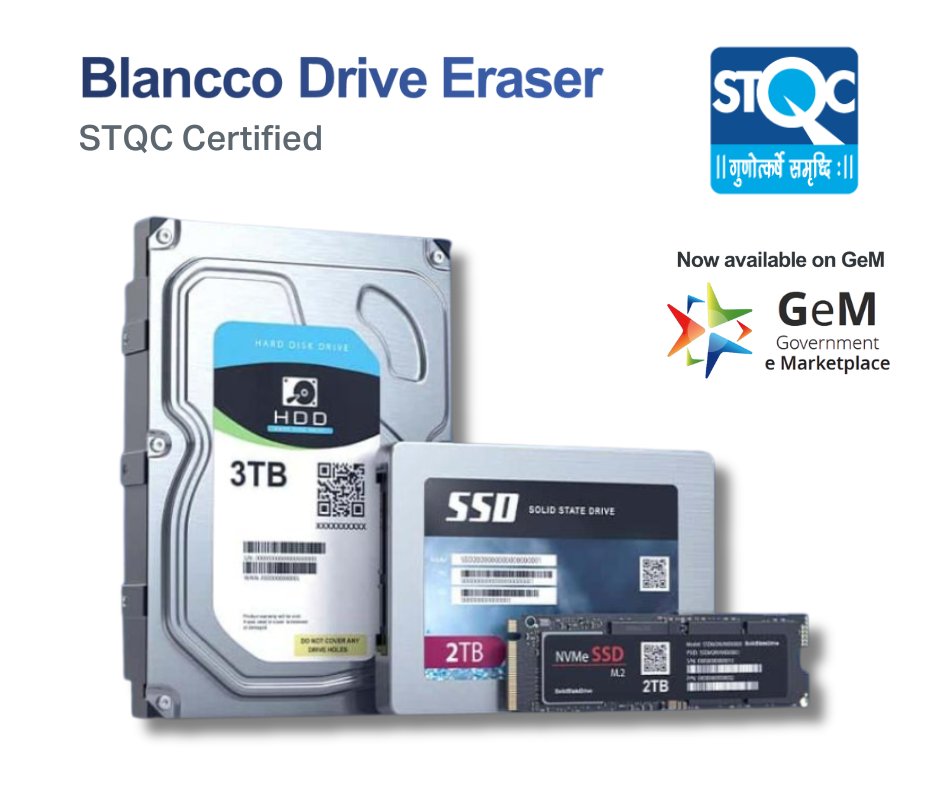 Great news for businesses in India. 📢 Blancco Drive Eraser, which is certified by the Standards Testing and Quality Certification Directorate (STQC), is now available on GeM!

Head over to the Government eMarketplace to find out more: eu1.hubs.ly/H0lFhQ30