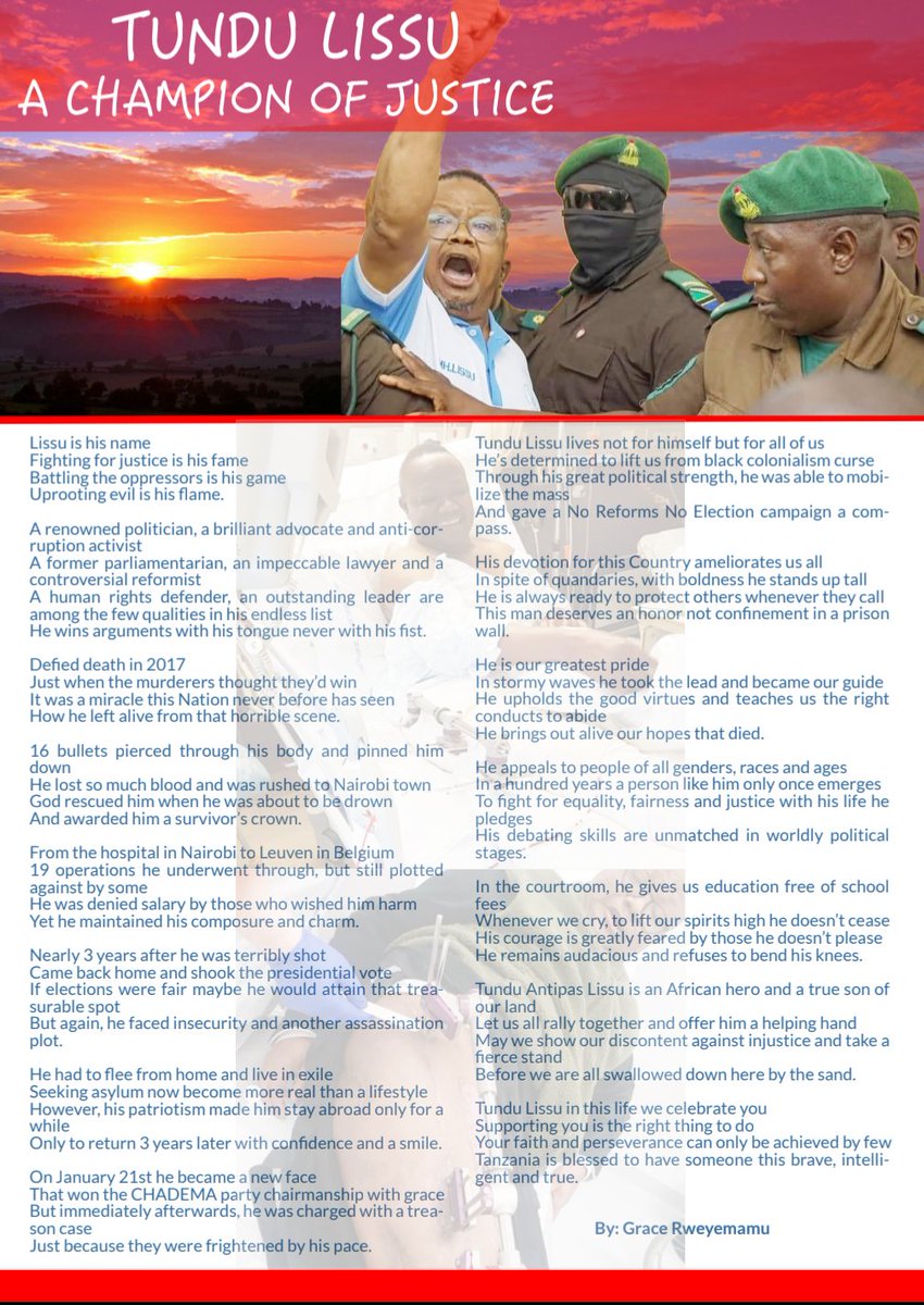 Grace Charles Rweyemamu (@rweyemamugrace) on Twitter photo This is my heartfelt written poem about our chairman Mhe <a href="/TunduALissu/">Tundu Antiphas Lissu</a>. He is our Hero. This is my heartfelt written poem about our chairman Mhe <a href="/TunduALissu/">Tundu Antiphas Lissu</a>. He is our Hero.