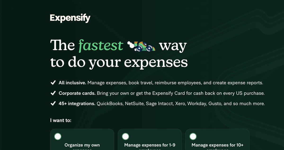 Website header of Expensify, brand sponsor for F1: The Movie
