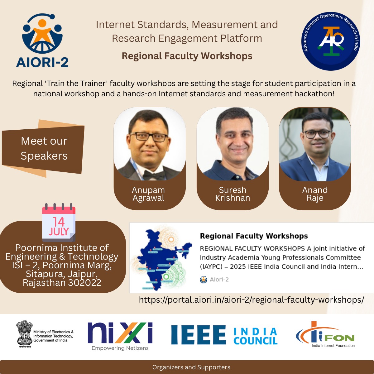 _iifon's tweet image. We are honoured to host the distinguished speakers Anupam Agrawal, @anandraje &amp;amp; Suresh Krishnan for our #AIORI2 Faculty Development Workshop, supported by @GoI_MeitY &amp;amp; @inregistry at Jaipur.
We look forward to a highly informative and impactful event.