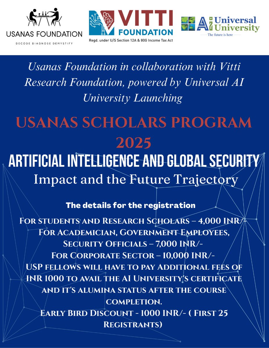UsanasF's tweet image. AI is changing war, power, and peace.
Be part of the conversation—join the Usanas Scholars Program 2025.
📢 Updated fee structure. Limited seats. Act now! #AI #GlobalSecurity #tech
#Register
usanasfoundation.com/usanas-scholar…
@abhinavpandya @anitajain_02 @Kundanaklal