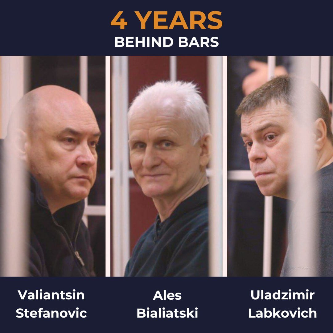 FreeViasna's tweet image. 💔 Four years ago today, authorities of #Belarus arrested prominent human rights defenders from @viasna96:
— #NobelPeacePrize laureate Ales Bialiatski
— @fidh_en vice-president Valiantsin Stefanovic
— coordinator of the #HRDs for Free Elections campaign Uladzimir Labkovich
They…