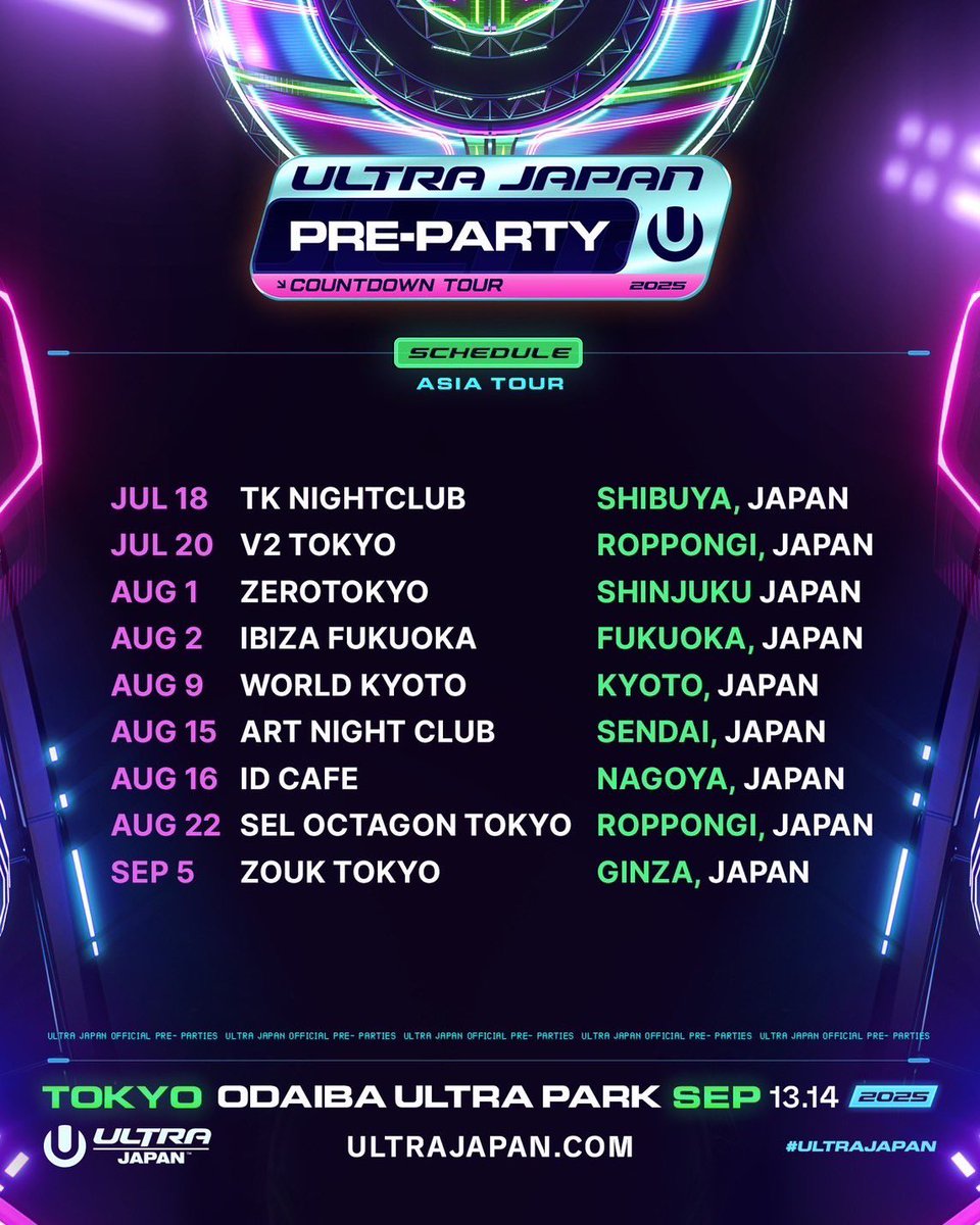 2025.7.18 Friday
ULTRA JAPAN 2025 OFFICIAL PRE-PARTY COUNTDOWN TOUR <a href="/UltraJapan/">Ultra Japan</a> 
9月13日&amp;14日の二日間に渡って行われる
世界最大級のダンスミュージックフェスティバル ULTRA JAPAN 2025 PRE PARTYが開催決定🇯🇵🔥全国各地で行われるカウントダウンツアーをお見逃しなく👀
#ウルトラジャパン