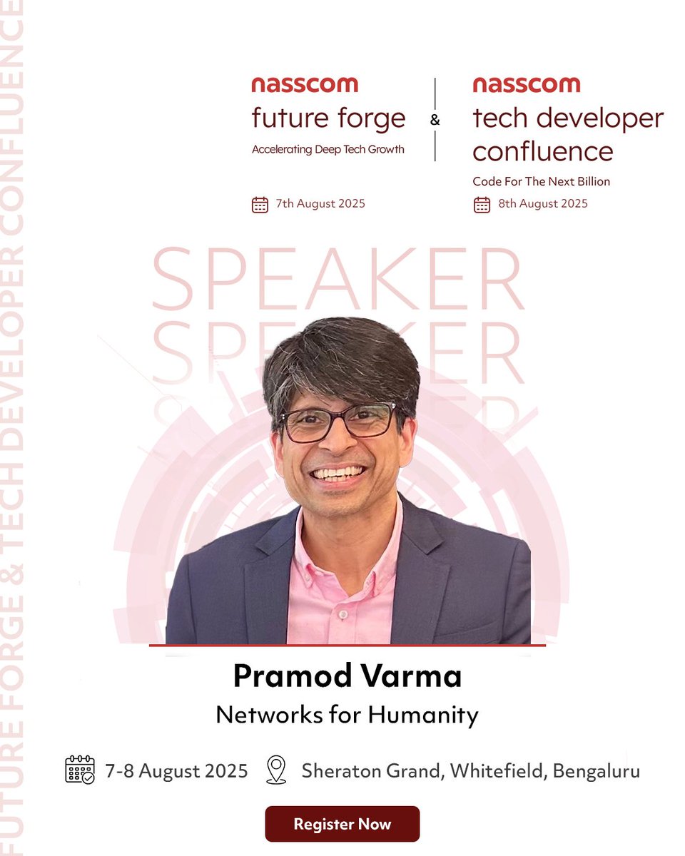 #SpeakerReveal - <a href="/pramodkvarma/">Pramod Varma</a>, Co-Founder and Chief Architect of Networks for Humanity (NFH), is set to speak at Nasscom Future Forge and Tech Developer Confluence 2025!

Pramod is at the forefront of building universal, interoperable infrastructure for the AI-driven digital