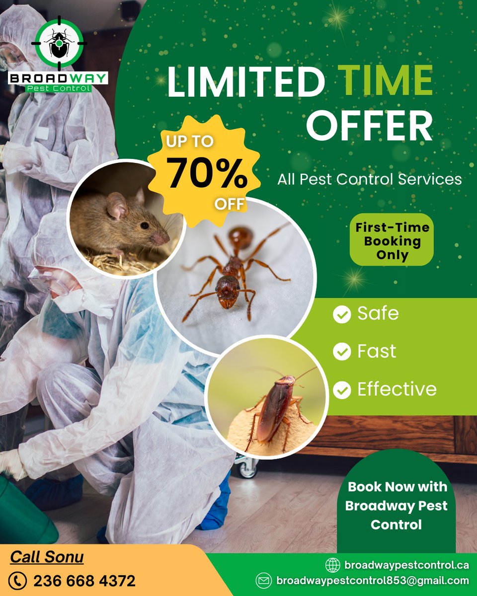 BroadPest93579's tweet image. Say goodbye to pests and save $70 on your first service with Broadway Pest Control. 🐀🦟🐜
✅ Residential &amp;amp; commercial
✅ Eco-friendly solutions
✅ Licensed professionals

☎+1 236-668-4372
🌐 broadwaypestcontrol.ca

#BroadwayPestControl #PestFreeLiving #PestControlOffer