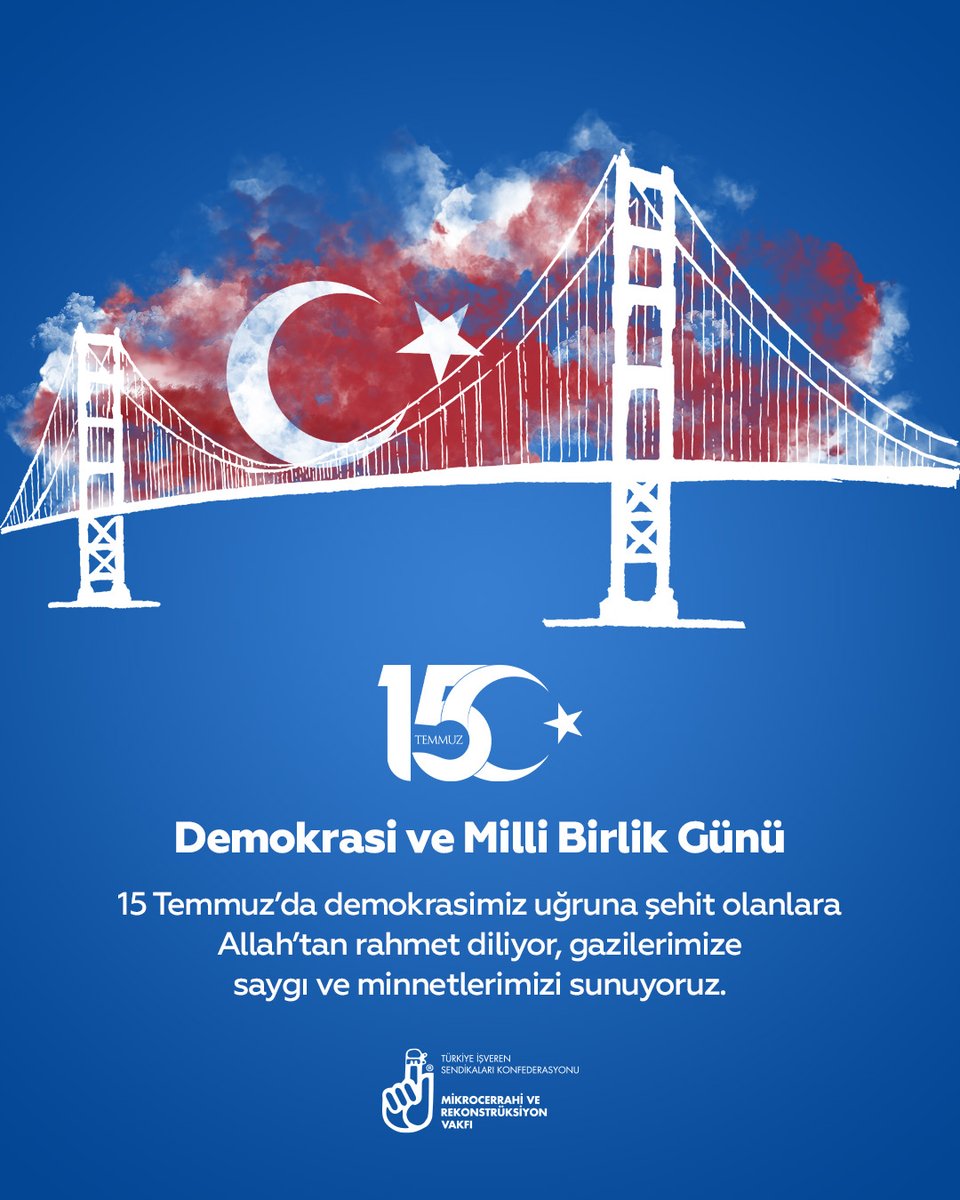 15 Temmuz Demokrasi ve Milli Birlik Günü'nde demokrasimiz uğruna şehit olanlara Allah'tan rahmet diliyor, gazilerimize saygı ve minnetlerimizi sunuyoruz.

#TİSK #15temmuz