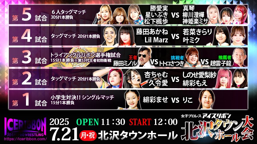 【7/21(月祝)アイスリボン北沢タウンホール大会】12時開始❗️
詳細⇒iceribbon.com/event_detail.p…
#iceribbon #prhot #飛鳥プロレス #PUREJ #信州ガールズ #新北京プロレス #joshipuroresu
③トライアングルリボン選手権試合
👑藤田ミノル vs トトロさつき vs 趙雲子龍

②タッグマッチ20分1本勝負