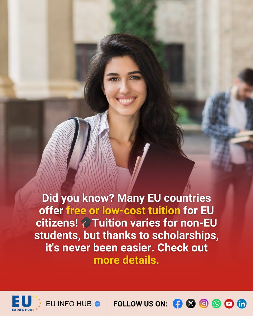 euinfohub's tweet image. Did you know? 

Many EU countries offer free or low-cost tuition for EU citizens! 

🎓Tuition varies for non-EU students, but thanks to scholarships, it's never been easier. 

Check out more details: euinfohub.com/category/study…  #FreeEducation #StudyinEU