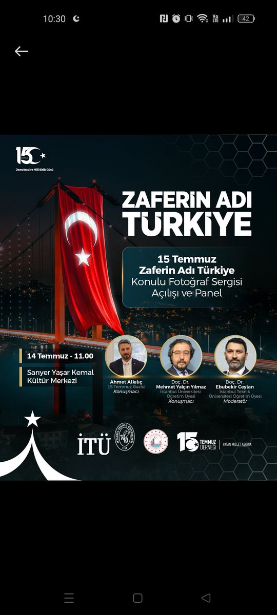 ebubekir ceylan (@ceylaneb) on Twitter photo Bugün saat 11:00'de 15 Temmuz darbe girişimini konuşacağız. İlgili tüm dostları bekleriz. <a href="/itu1773/">İTÜ - İstanbul Teknik Üniversitesi</a> <a href="/itu_itb/">İTÜ İnsan ve Toplum Bilimleri</a> #SarıyerKaymakamlığı Bugün saat 11:00'de 15 Temmuz darbe girişimini konuşacağız. İlgili tüm dostları bekleriz. <a href="/itu1773/">İTÜ - İstanbul Teknik Üniversitesi</a> <a href="/itu_itb/">İTÜ İnsan ve Toplum Bilimleri</a> #SarıyerKaymakamlığı
