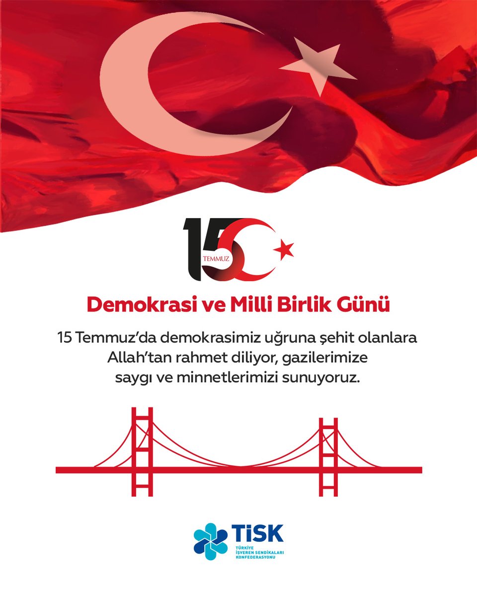15 Temmuz Demokrasi ve Milli Birlik Günü'nde demokrasimiz uğruna şehit olanlara Allah'tan rahmet diliyor, gazilerimize saygı ve minnetlerimizi sunuyoruz.

#TİSK #15temmuz