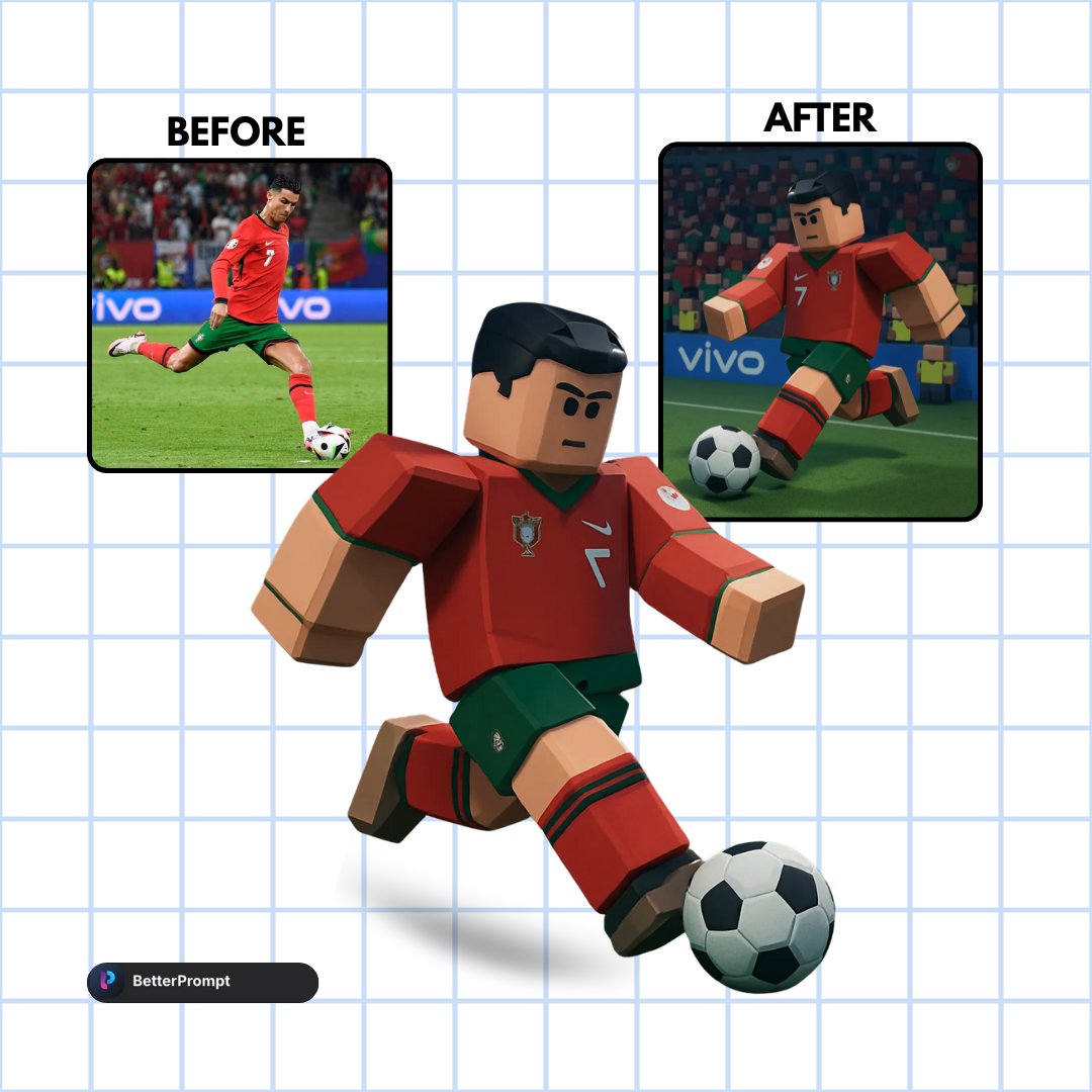BetterPromptme's tweet image. Upload a pic → Get a Roblox avatar.
It’s that easy 😎
No prompt. No skills. Just ✨blocky magic✨ from BetterPrompt.
You = Roblox character now.
#BetterPrompt #RobloxStyle #AvatarFromPhoto #AITransformation