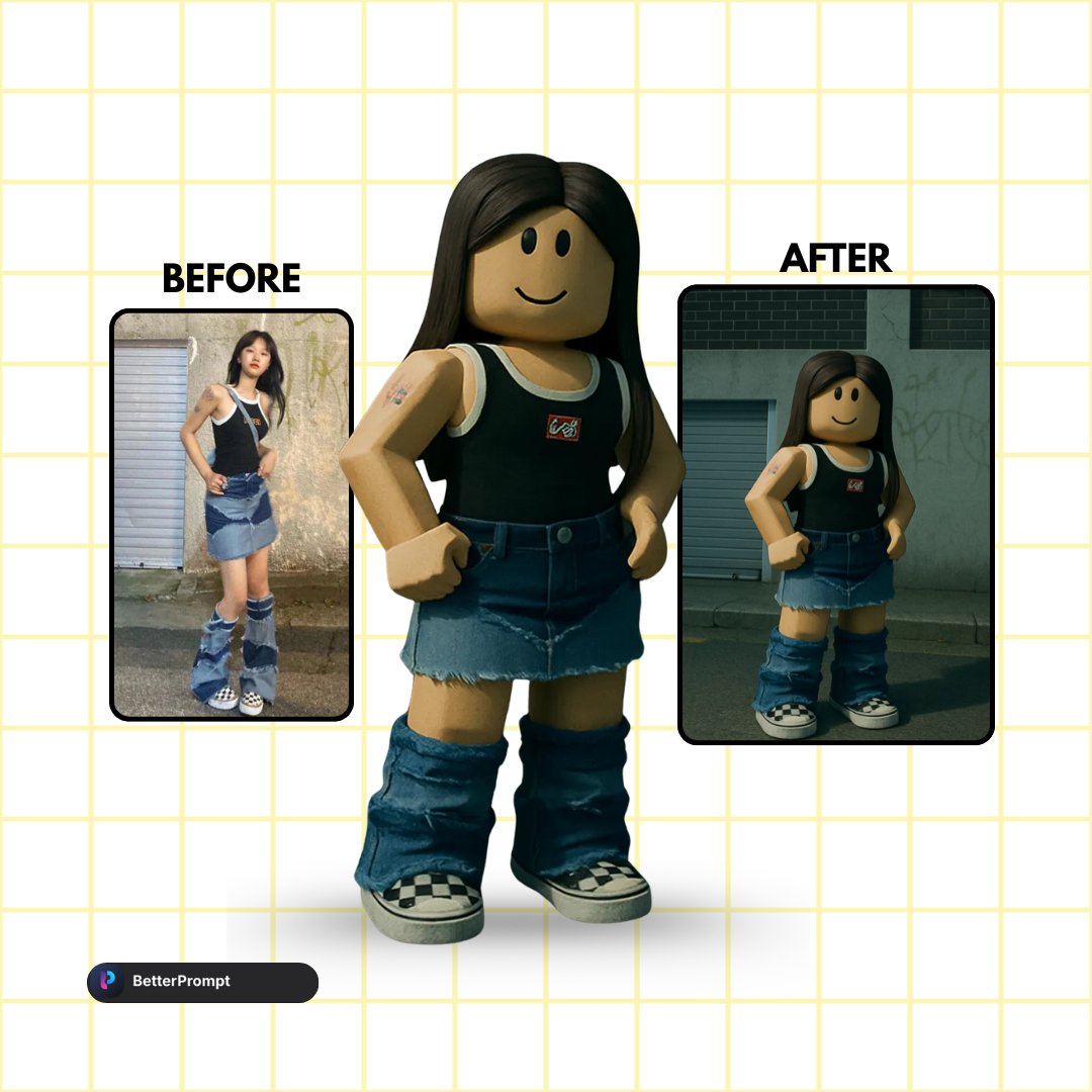 BetterPromptme's tweet image. Upload a pic → Get a Roblox avatar.
It’s that easy 😎
No prompt. No skills. Just ✨blocky magic✨ from BetterPrompt.
You = Roblox character now.
#BetterPrompt #RobloxStyle #AvatarFromPhoto #AITransformation