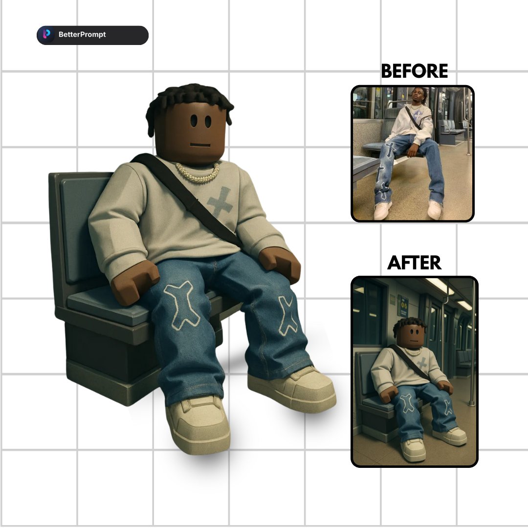 BetterPromptme's tweet image. Upload a pic → Get a Roblox avatar.
It’s that easy 😎
No prompt. No skills. Just ✨blocky magic✨ from BetterPrompt.
You = Roblox character now.
#BetterPrompt #RobloxStyle #AvatarFromPhoto #AITransformation