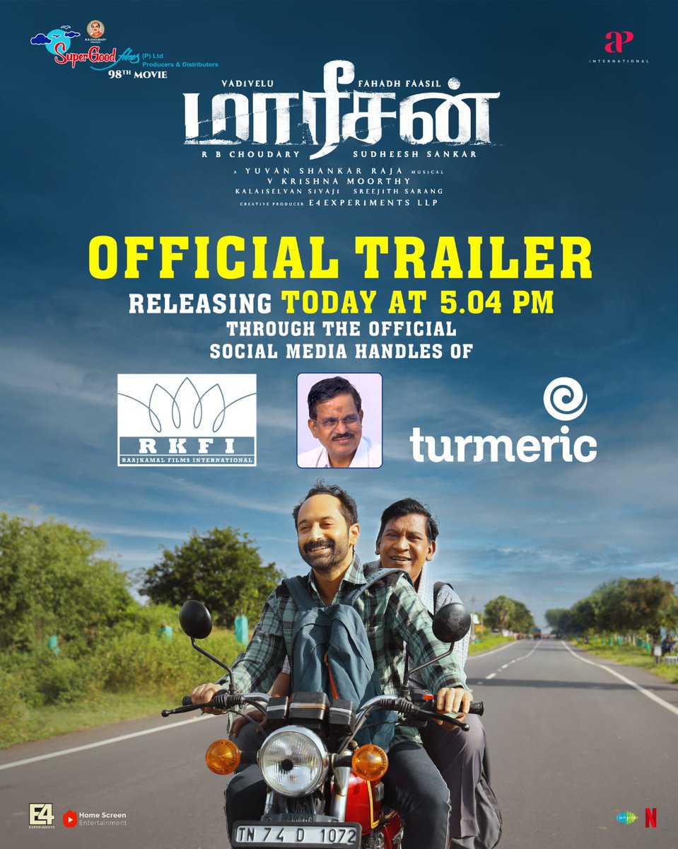 The much-awaited#Maareesan Trailer will be released today at 5:04 PM
by <a href="/RKFI/">Raaj Kamal Films International</a> <a href="/theVcreations/">Kalaippuli S Thanu</a> &amp; <a href="/turmericmediaTM/">Turmeric Media</a> 
Witness the electrifying #FahadhFaasil x #Vadivelu combo like never before! 
A <a href="/thisisysr/">Raja yuvan</a> Musical 
Produced by <a href="/SuperGoodFilms_/">Super Good Films</a> 
#FaFa#MaareesanTrailer #SudheeshSankar