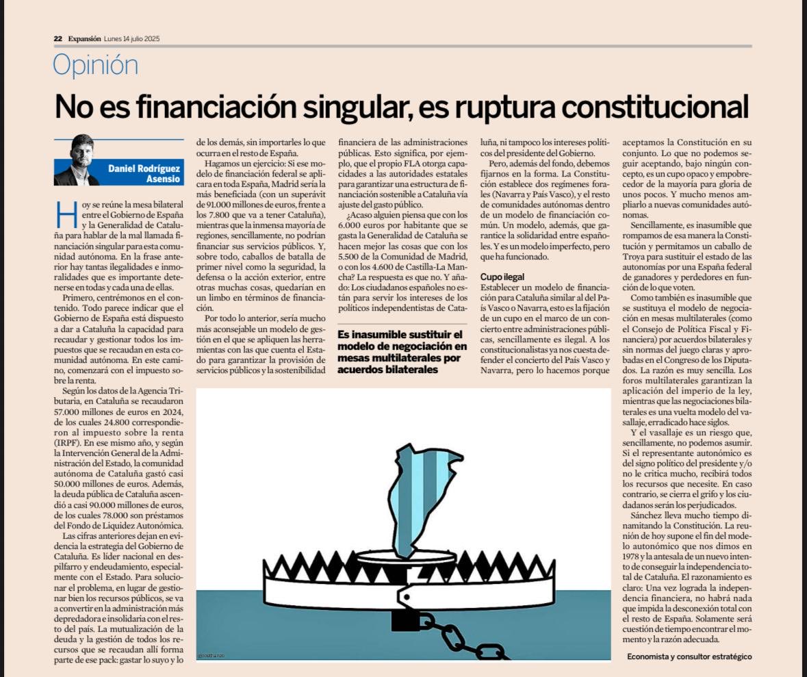 daniro_asensio's tweet image. Sánchez hoy negocia, con nocturnidad y alevosía, un caballo de Troya para acabar con la Constitución. Concretamente, con el Estado de las autonomías y con la solidaridad entre españoles.
El cupo catalán es dinamita constitucional.