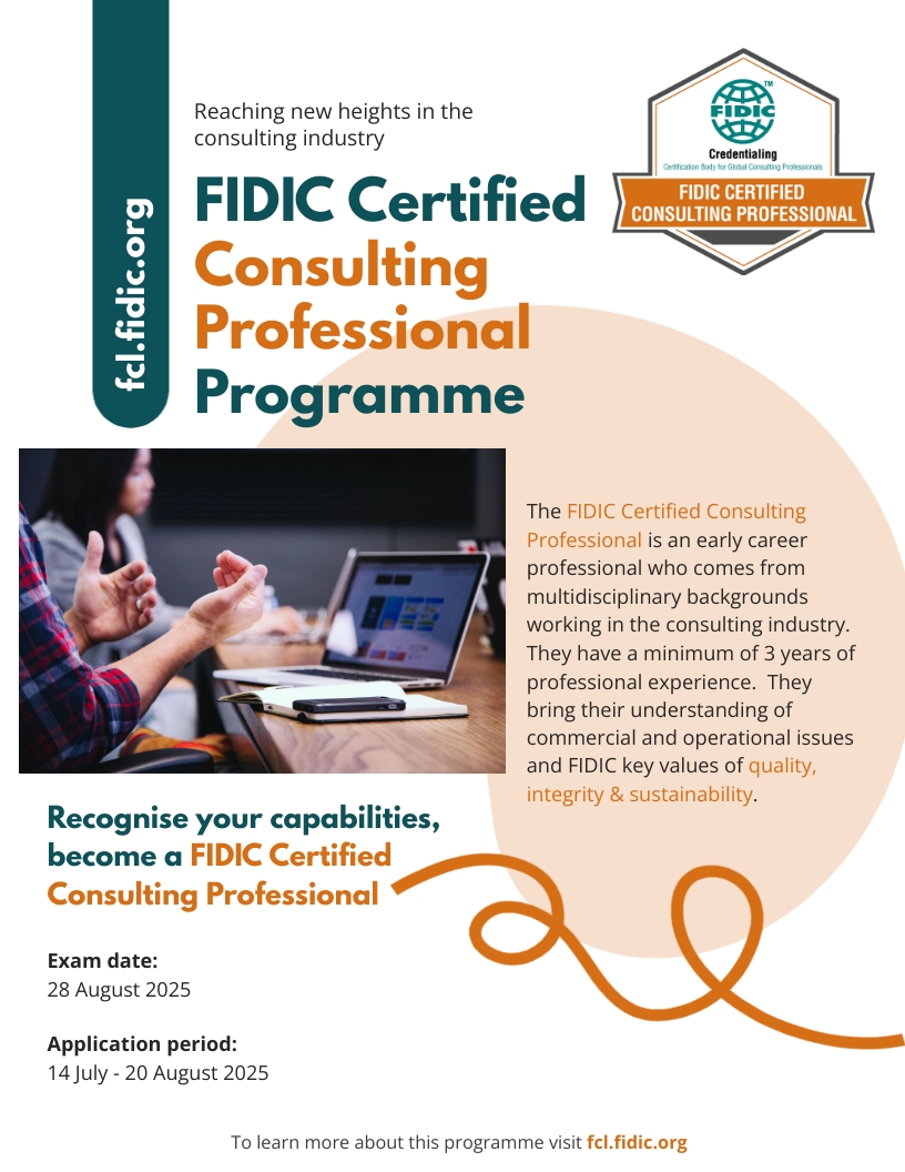 We are delighted to inform you that today we opened applications for the FIDIC Certified Consulting #Professional certification.

Hoorah!

This certification is great for professionals who are at the start of their careers and are looking to gain an international qualification