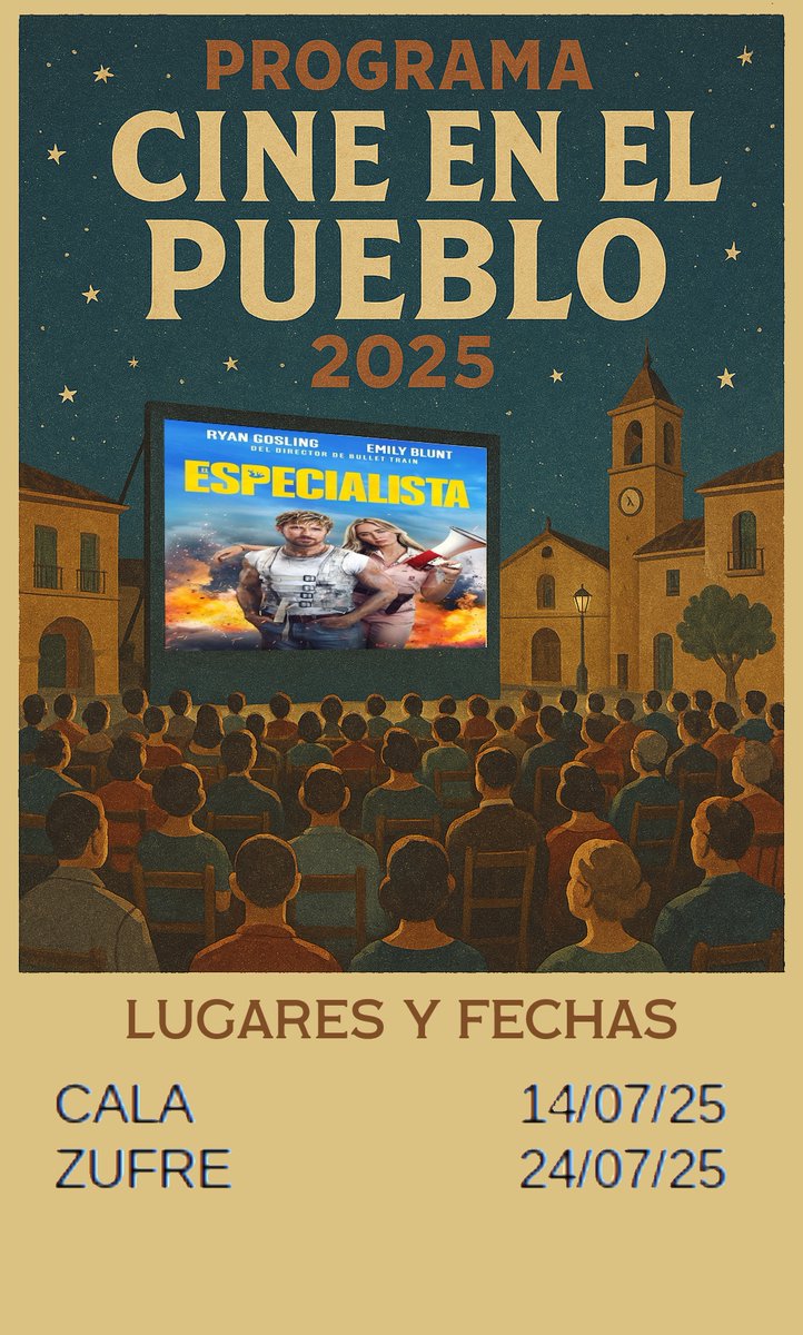 🏘️📽️🍿Nueva semana Campaña de #CineenelPueblo
💺🌃#Cala #14julio "El Especialista" 
💺🌃#Encinasola #15julio "Del Revés 2" 
💺🌃#PuertoMoral #16julio "8 apellidos marroquís" 
💺🌃#CortelazorLaReal #17julio "Del Revés 2"
💺🌃#CumbresdeSanBartolomé #18julio "8 apellidos marroquís"