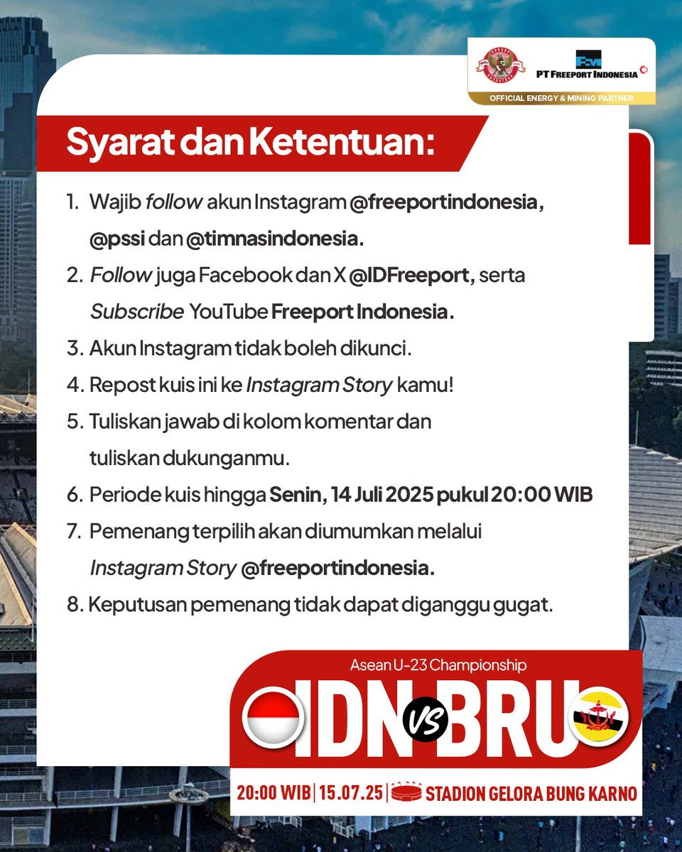 IDFreeport's tweet image. Freeporters, udah siap untuk kembali mendukung Garuda Muda Timnas U-23 kebanggan Indonesia? 🇮🇩

Yuk, lengkapin puzzlenya dan menangkat tiket pertandingan Indonesia vs Brunei.

Gampang kok! Pastikan kamu simak syarat dan ketentuannya, ya 🔥

#FreeportIndonesia