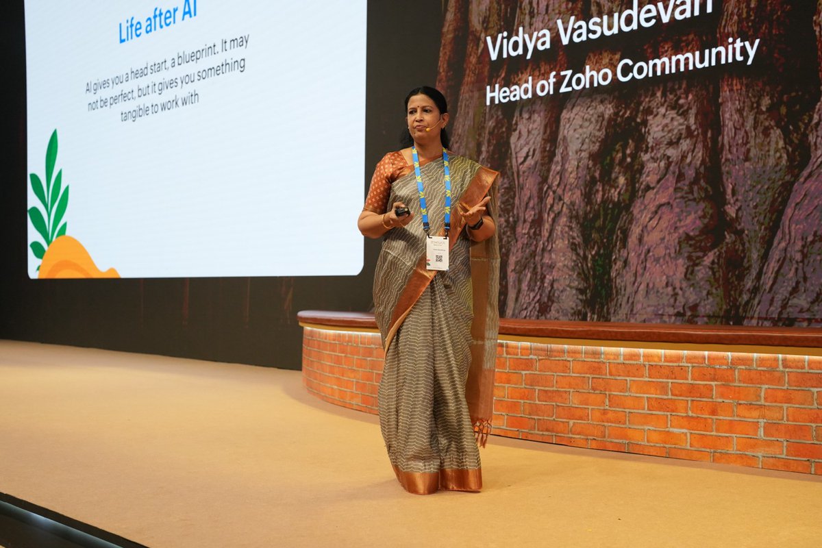 Zoholics's tweet image. The power of community lies in listening, not just speaking.
Vidya Vasudevan, our Head of Zoho Community, reflects on staying humane in the AI era, the gaps it can fill, and how life before AI compares to today at #ZoholicsIndia25