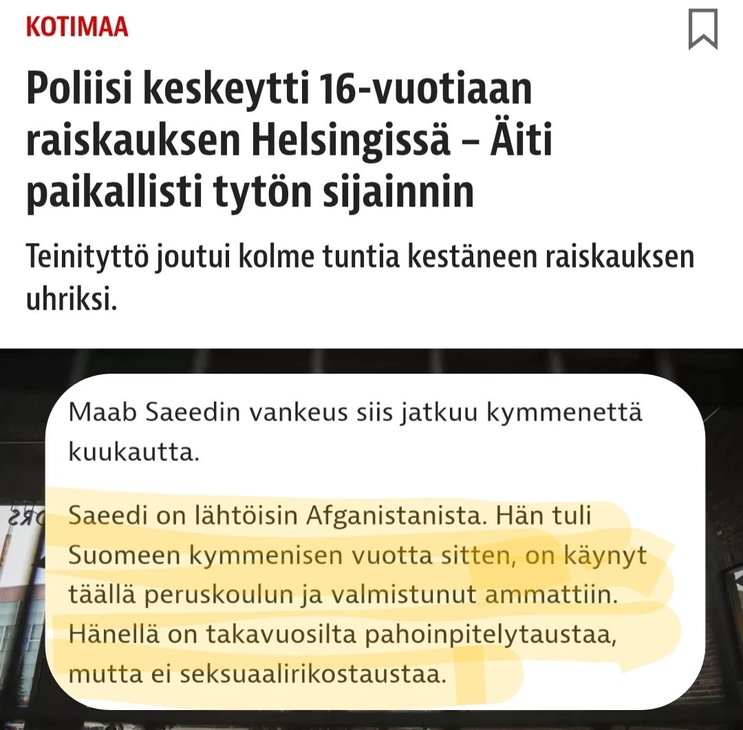 sami_kymalainen's tweet image. Miksi lehdessä selitetään Maabin käymiä kouluja ja korostetaan ettei ole raiskaillut aikaisemmin?
Yritetäänkö tässä jotenkin kerätä sympatiapisteitä 16-vuotiasta 3 tuntia raiskanneelle afgaanille?