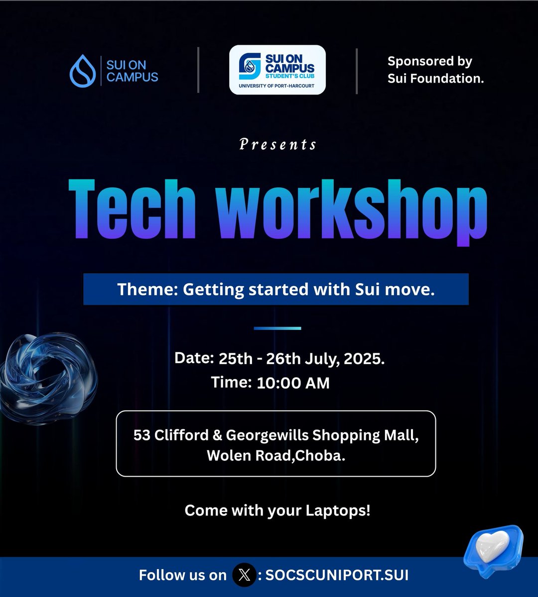 WE'RE EXCITED TO ANNOUNCE OUR INAUGURAL TECHNICAL WORKSHOP🎊✈️

TITLED: Getting Started with Sui Move
Join us on July 25-26 for a revolutionary hands-on workshop that will change the game

WORKSHOP HIGHLIGHTS💥
✨ Expert-led sessions on Sui Move fundamentals
✨Interactive demos,