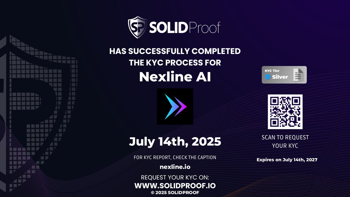 SolidProof.io Daily (@solidproof_news) on Twitter photo We have finished the KYC process for <a href="/nexline_ai/">Nexline AI</a>🛡️
Well deserved KYC Silver Tier!
Check the security score here: app.solidproof.io/projects/nexli…
Need a Smart contract audit, KYC or development support? Send us a message, our sales team will gladly make a customized offer for you! We have finished the KYC process for <a href="/nexline_ai/">Nexline AI</a>🛡️
Well deserved KYC Silver Tier!
Check the security score here: app.solidproof.io/projects/nexli…
Need a Smart contract audit, KYC or development support? Send us a message, our sales team will gladly make a customized offer for you!