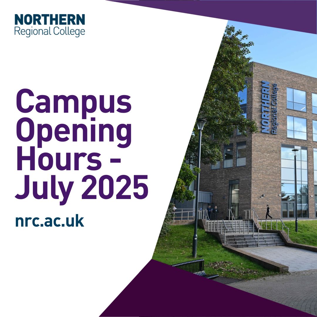 𝗖𝗮𝗺𝗽𝘂𝘀 𝗢𝗽𝗲𝗻𝗶𝗻𝗴 𝗛𝗼𝘂𝗿𝘀 - 𝗝𝘂𝗹𝘆 2025

From 14 July, the College will be closed to all enquiries for the week, but online applications can still be submitted; the new Ballymena campus will open to staff on 1 August.