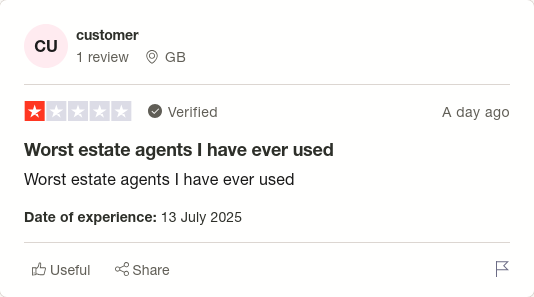 customer gave Purplebricks 1 star via <a href="/Trustpilot/">Trustpilot</a> trstp.lt/0lDmCm_3Tk #CONmisery #NoBull #ownit