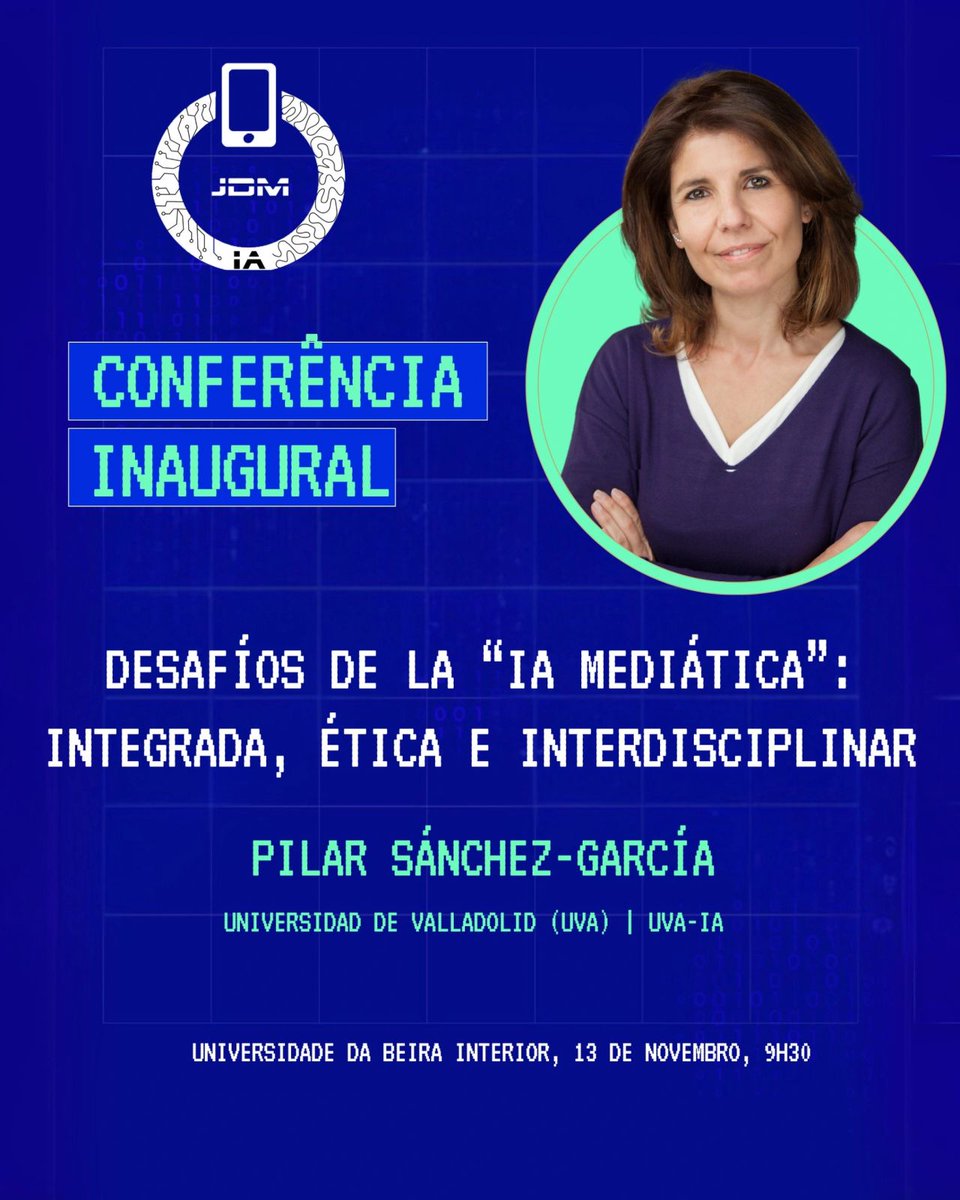 🌟Pilar Sánchez García, profesora en <a href="/UVa_es/">Gabinete de Comunicación Universidad de Valladolid</a> y miembro de la red, impartirá la conferencia de apertura del congreso <a href="/jdmia_ubi/">JDMIA.UBI</a>, en <a href="/UBI_pt/">Univ. Beira Interior</a>
🤖En ella abordará los retos a los que se enfrenta la inteligencia artificial en el periodismo
🔗jdm.ubi.pt