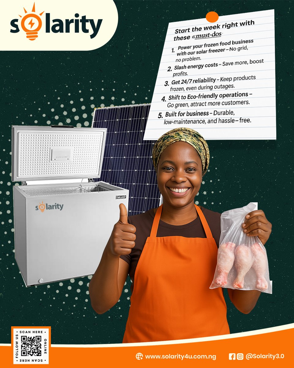 solarity4u's tweet image. Start your week smart! 💼⚡️
Solar Freezers = No grid, no stress.
💰 Cut costs
🌱 Go green
❄️ 24/7 reliability
📈 Boost profits
DM now to upgrade your biz &amp;amp; save BIG!
#SolarFreezer #SmartBusiness #EcoFriendly #Solarity4U