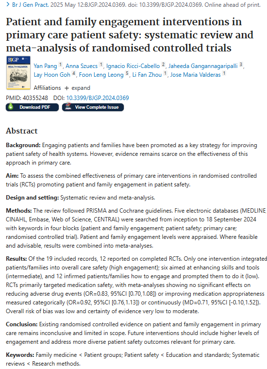NUS Family Medicine (@famednusg) on Twitter photo π©Ί New in <a href="/BJGPjournal/">The British Journal of General Practice</a>:
Our DFM colleagues, including Prof. <a href="/josemvalderas/">Jose M Valderas</a>, co-authored a study exploring how engaging patients & families can improve primary care patient safety.
π doi.org/10.3399/BJGP.2β¦
#PatientSafety #PrimaryCare #NUSFamilyMed #DFMResearch #FamilyMedicine π©Ί New in <a href="/BJGPjournal/">The British Journal of General Practice</a>:
Our DFM colleagues, including Prof. <a href="/josemvalderas/">Jose M Valderas</a>, co-authored a study exploring how engaging patients & families can improve primary care patient safety.
π doi.org/10.3399/BJGP.2β¦
#PatientSafety #PrimaryCare #NUSFamilyMed #DFMResearch #FamilyMedicine