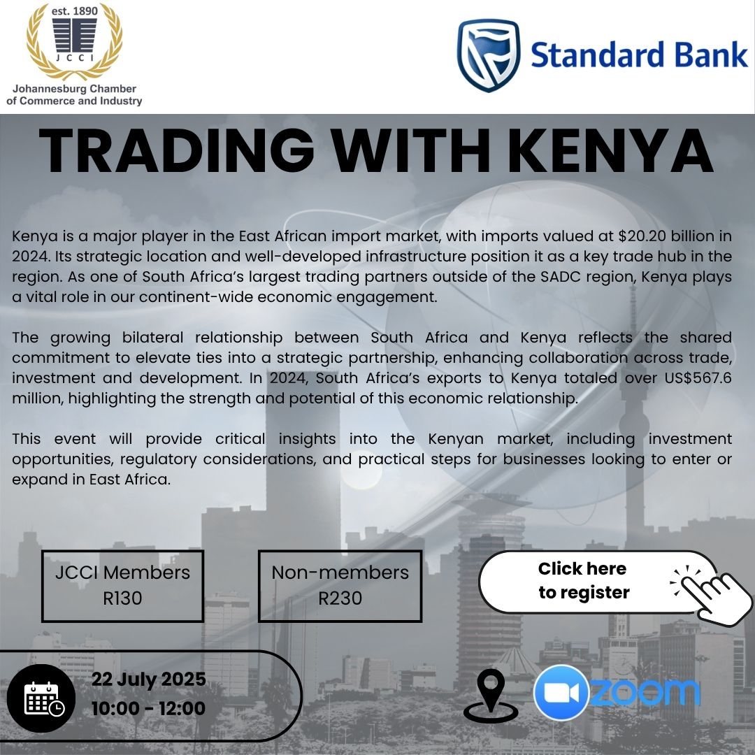 🚨 Trading with Kenya 🇰🇪🤝🇿🇦
Unlock trade, investment &amp; market entry opportunities in East Africa’s key hub.
🗓 22 July | 🕙 10:00–12:00 | 💻 Online
💼 R130 (JCCI) | R230 (Non-members)
🔗 Register: forms.gle/Xrn338jVtaVPPV…

#TradeWithKenya #JCCI #EastAfrica #AfricanTrade