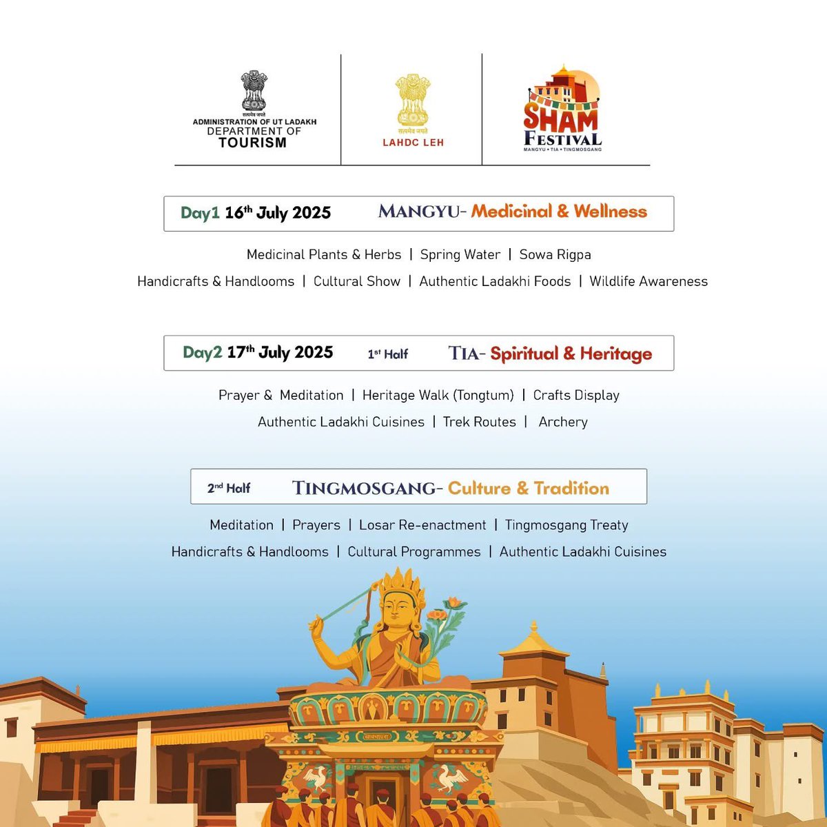 🎉 Discover the charm of Sham Valley at the 1st-ever #ShamFestival2025!

🗓️ July 16–17
🏞️ Mangyu | Tia | Tingmosgang
🌿 Heritage walks | Homestays | Ladakhi cuisine | Culture &amp; healing

#ChaloShamFestival #LadakhTourism #ShamFestival #Mangyu #Tia #Tingmosgang