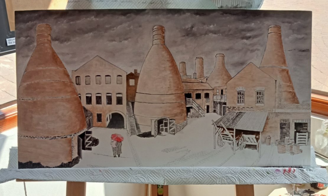 Steven1Howard's tweet image. I'm painting 🖌️🎨 today at @HowardGallery The cobbles and brickwork in this original of Gladstone Pottery will be immense. Check out its progress at Steven Howard Gallery Kiosk 1, Trentham Retail &amp;amp; Shopping Village, Stone Road. ST48AX