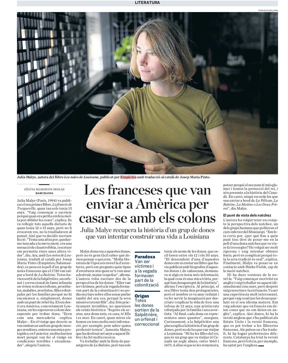 ⚓«Em feia certa por, ¿per què fins a quin punt tinc dret de posar-me en la pell d’una dona natchez que va viure fa tres segles?»

🗞Al <a href="/diariARA/">diariARA</a> recullen les declaracions de #JuliaMalye, autora de ‘Les noies de Louisiana’