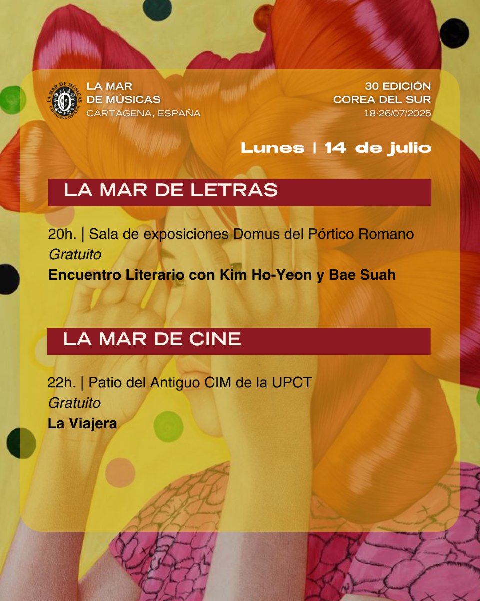 📚 Arranca #LaMardeLetras con los autores coreanos Bae Suah y Kim Ho-yeon.  Dos figuras clave de la literatura coreana actual, que presentarán sus obras en castellano.

📹 Sigue #LaMardeCine con 'La Viajera', en el Patio del Antiguo CIM

🌐 Más detalles en cartagena.es/detalle_notici…