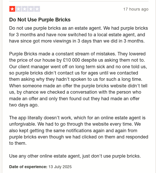 Andrew Sweetenham gave Purplebricks 1 star via <a href="/Trustpilot/">Trustpilot</a> trstp.lt/5bxTi8eIkM #CONmisery #NoBull #ownit