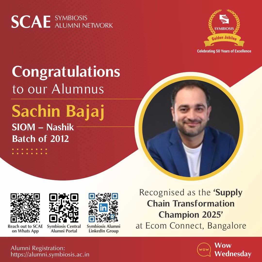 We are proud to celebrate the success of Sachin Bajaj, alumnus of SIOM – Nashik , Batch of 2012 , who has been recognised as the Supply Chain Transformation Champion 2025 at Ecom Connect 2025 in Bangalore.