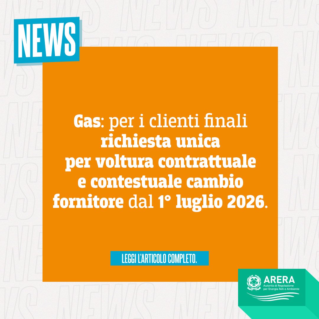 ARERA (@arera_it) on Twitter photo #Voltura e #switching del #gas in una richiesta unica, come già avviene per l’energia elettrica: un provvedimento che stimola la concorrenza e semplifica le pratiche dei clienti, in vigore dal 1° luglio 2026.
Scopri di più: arera.it/atti-e-provved… #Voltura e #switching del #gas in una richiesta unica, come già avviene per l’energia elettrica: un provvedimento che stimola la concorrenza e semplifica le pratiche dei clienti, in vigore dal 1° luglio 2026.
Scopri di più: arera.it/atti-e-provved…