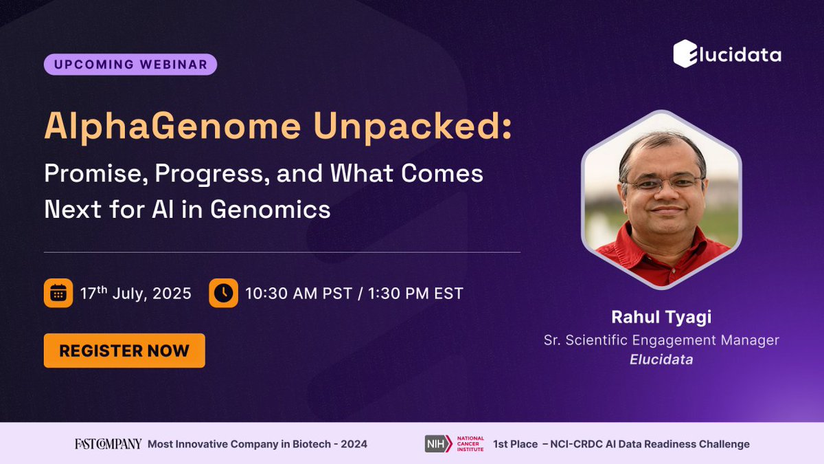 elucidatacorp's tweet image. 🔥 Genomics is changing fast - and #AlphaGenome by @GoogleDeepMind could be a game-changer. 

Join Rahul Tyagi on July 17 to unpack how structured data &amp;amp; biological context can supercharge its impact in R&amp;amp;D.

👉 bit.ly/alphagenome

#AIinBiotech #genomics #webinar