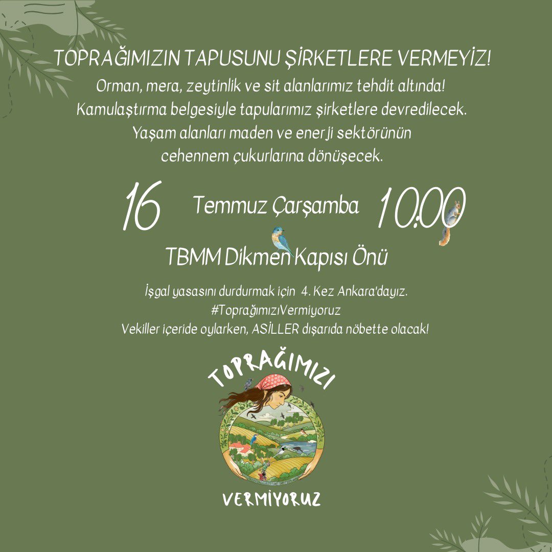 ttborgtr's tweet image. Orman, mera, zeytinlik ve sit alanlarımız tehdit altında!
Kamulaştırma belgesiyle tapularımız şirketlere devredilecek. Yaşam alanlarımız maden ve enerji sektörünün cehennem çukurlarına dönüşecek.
Yaşam savunucuları, "İşgal Yasası"nı durdurmak için bir kez daha Ankara'da…