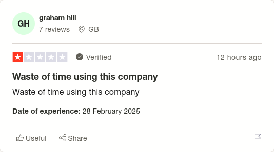 graham hill gave Purplebricks 1 star via <a href="/Trustpilot/">Trustpilot</a> trstp.lt/rORzhWtgRH #CONmisery #NoBull #ownit